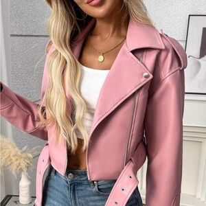 Women's Pink faux Leather Jacket women belted semi cropped